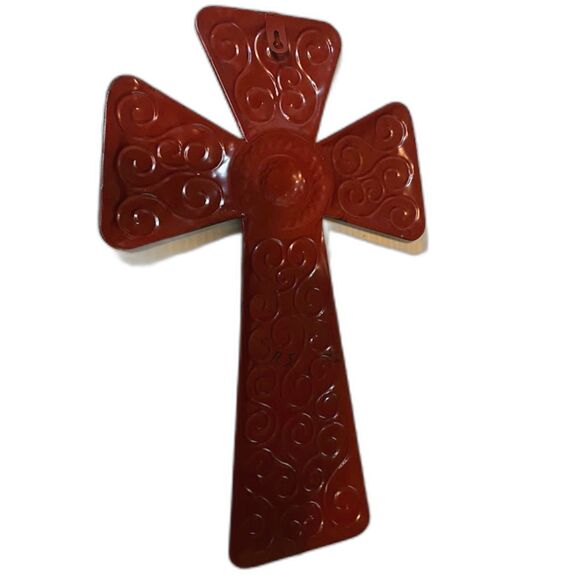 Rustic Trad Wall Decor 18"x11" Reddish Brown Metal Hanging Cross Candleholder - Picture 3 of 3